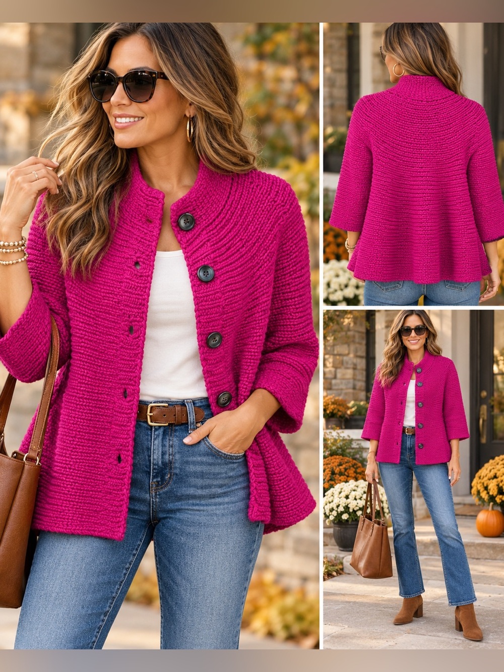 Moda International Vintage Y2K Wool Blend Chunky Knit Swing Cardigan Jacket 3/4